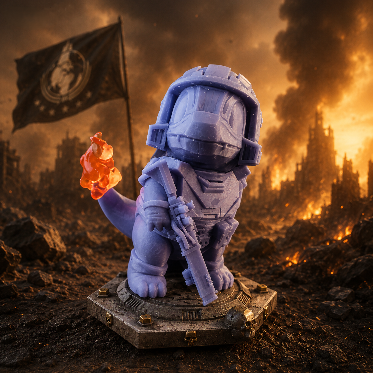 Charmander x Helldivers Resin Statue – Hand Painted or Raw – Premium Pokémon Sci-Fi Collectible – 10 cm
