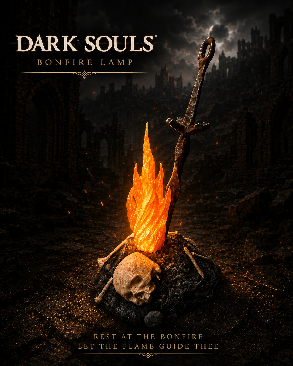 Dark Souls Bonfire Lamp LED – Premium 3D Printed Bonfire with Included Candle LED, Handmade Gaming Decor & Collector Gift