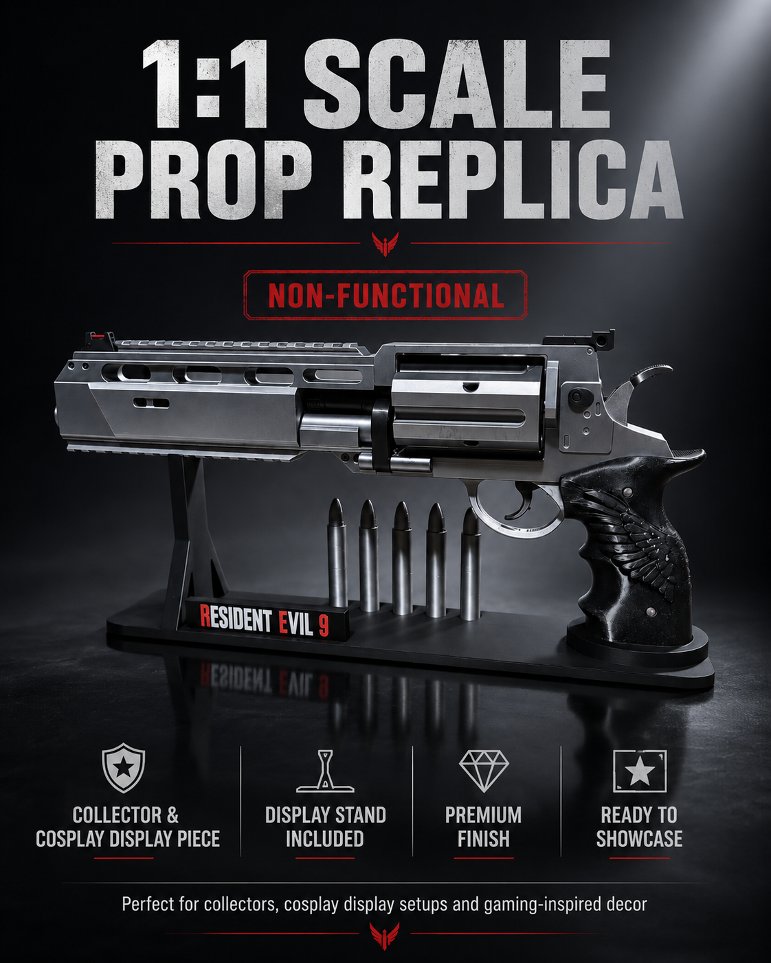 Resident Evil Requiem Revolver Prop Replica – 1:1 Scale Non-Functional Cosplay Display Piece – Hand Painted