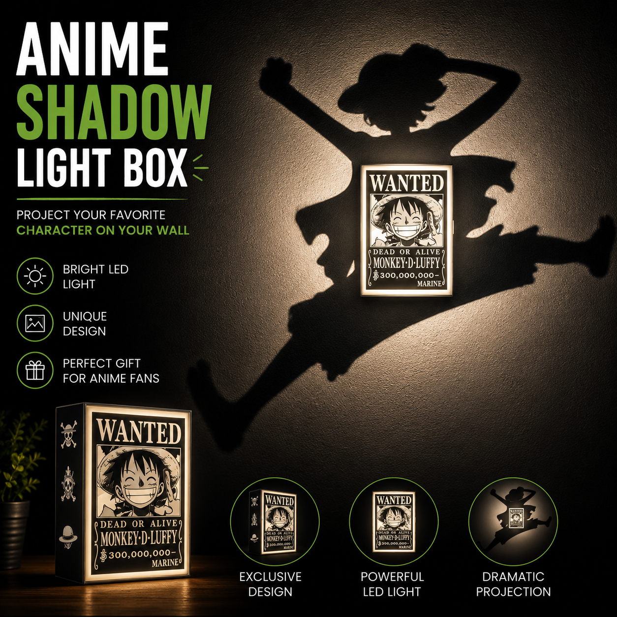 Luffy Wanted Shadow Light Box LED Lamp | One Piece Anime Room Decor