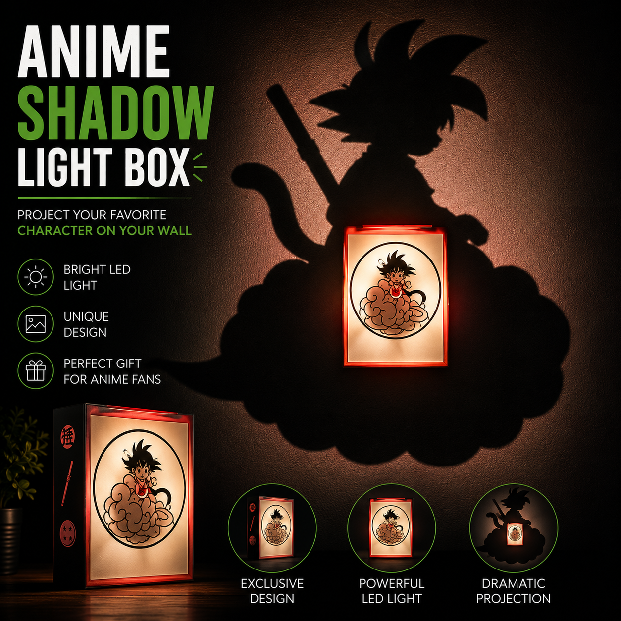 Young Son Goku Nimbus Cloud Shadow Light Box LED Lamp | Dragon Ball Anime Room Decor