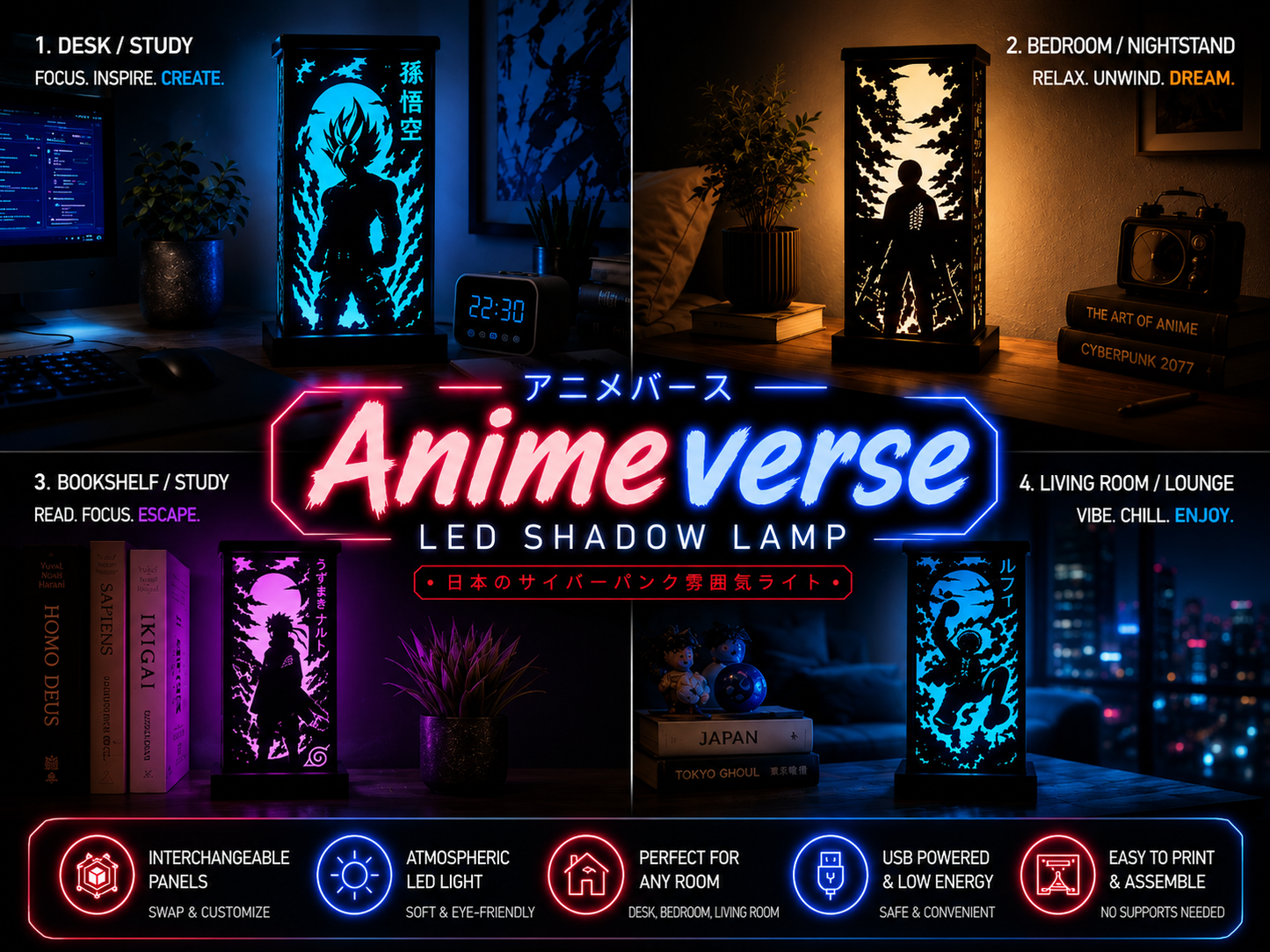 Animeverse RGB LED Shadow Lamp – 4-Sided Anime 3D Printed Lamp